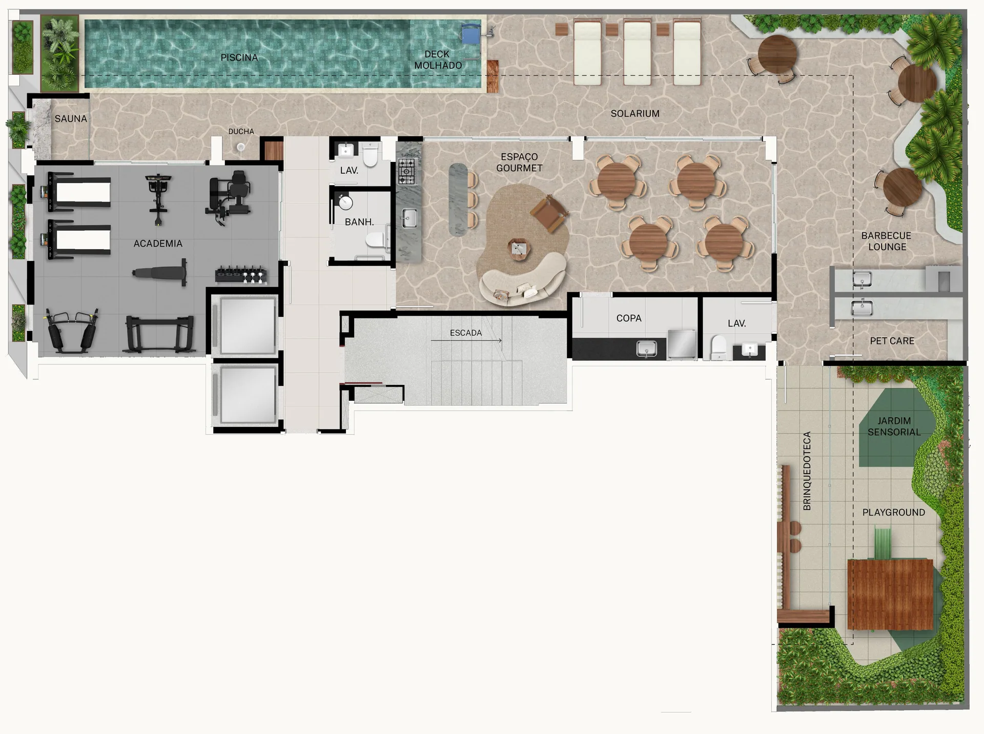 Planta de implantação do lazer do IRIS@786, mostrando piscina, deck molhado, sauna, academia, espaço gourmet, solarium, barbecue lounge, pet care, brinquedoteca, jardim sensorial e playground.