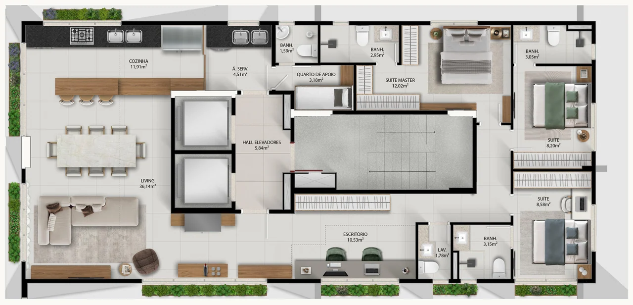 Planta baixa da tipologia exclusiva de 127,90 m², pavimento inteiro, do IRIS@786.
