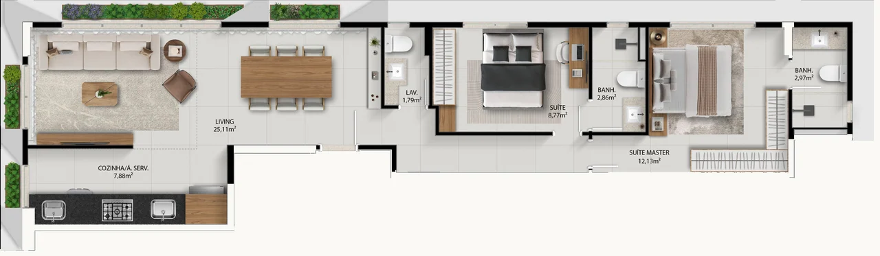 Planta baixa da tipologia de 73,34 m² (2 suítes + lavabo) do IRIS@786.