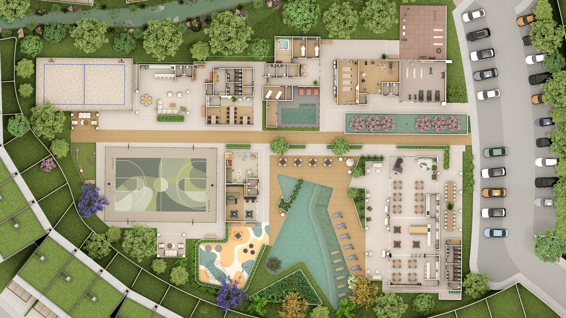 Planta humanizada de implantação do lazer do Sonata Santa Teresa, com piscinas, complexo de SPA, quadra, beach tennis, playground e áreas de convivência.