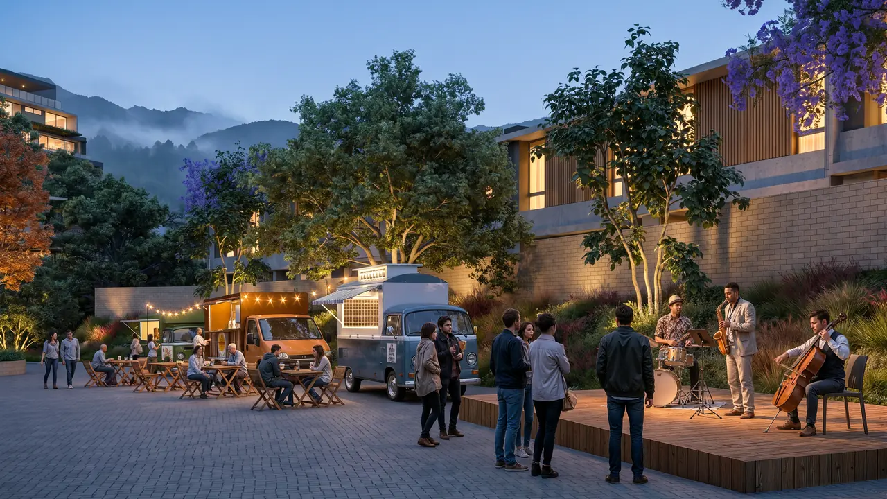 Food park do Sonata Santa Teresa com food trucks e mesas ao ar livre.