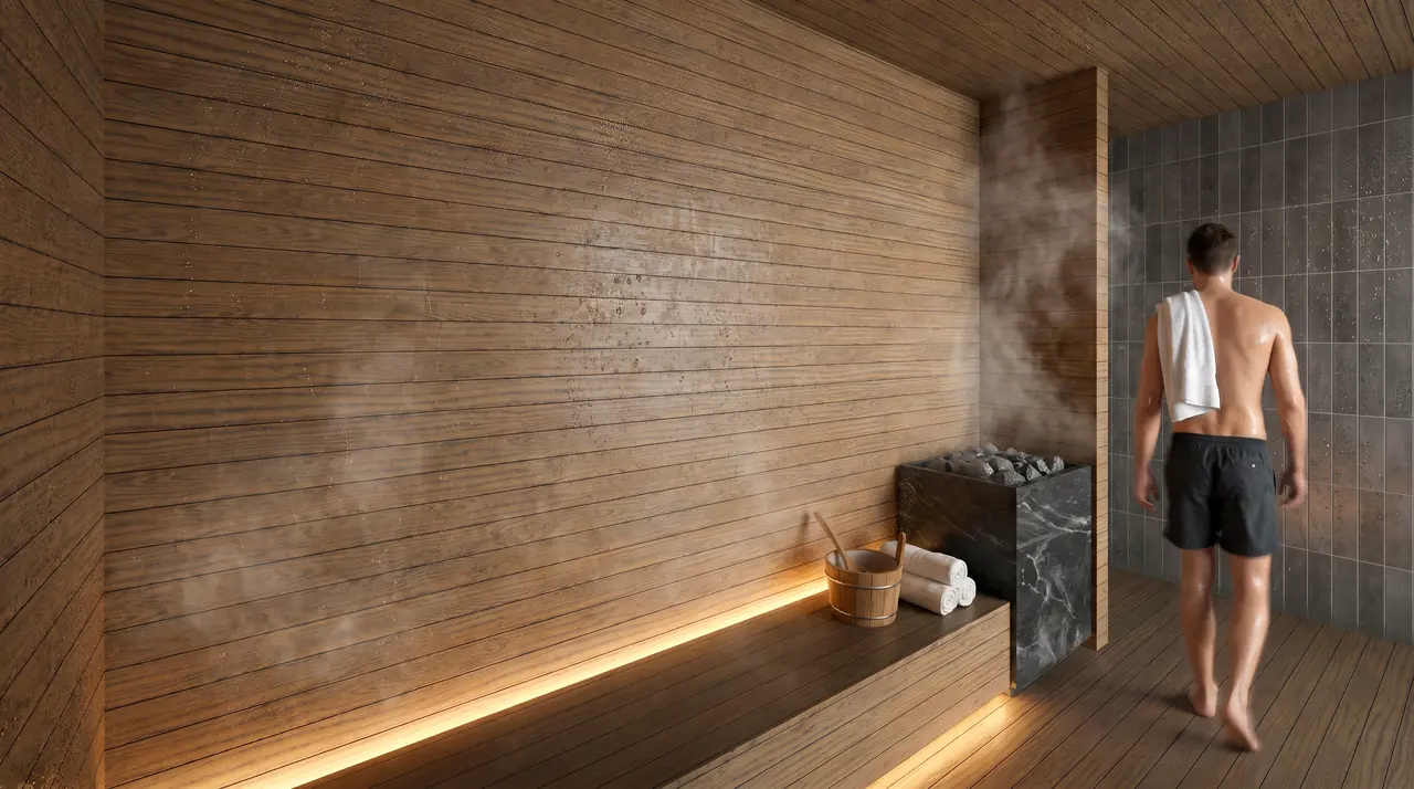 Sauna revestida em madeira do complexo de SPA do Sonata Santa Teresa.
